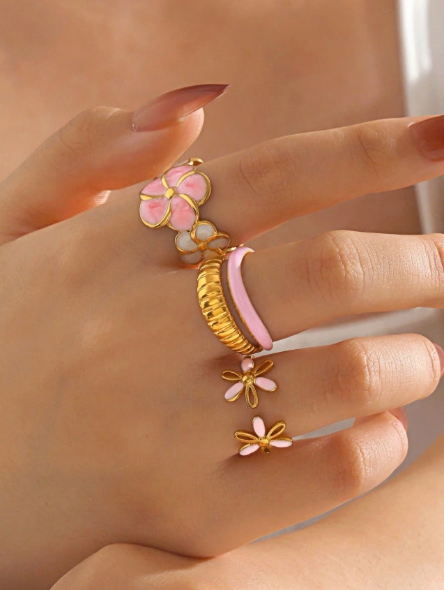 SHEIN 3pcs/Set Stainless Steel Minimalist 18K Gold Plated Pink Enamel Flower Rings,