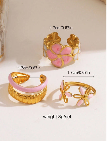 SHEIN 3pcs/Set Stainless Steel Minimalist 18K Gold Plated Pink Enamel Flower Rings,