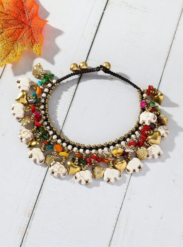 SHEIN 1pc Bohemian Style Turquoise Wax Rope Woven Anklet With Elephant & Starfish Charms