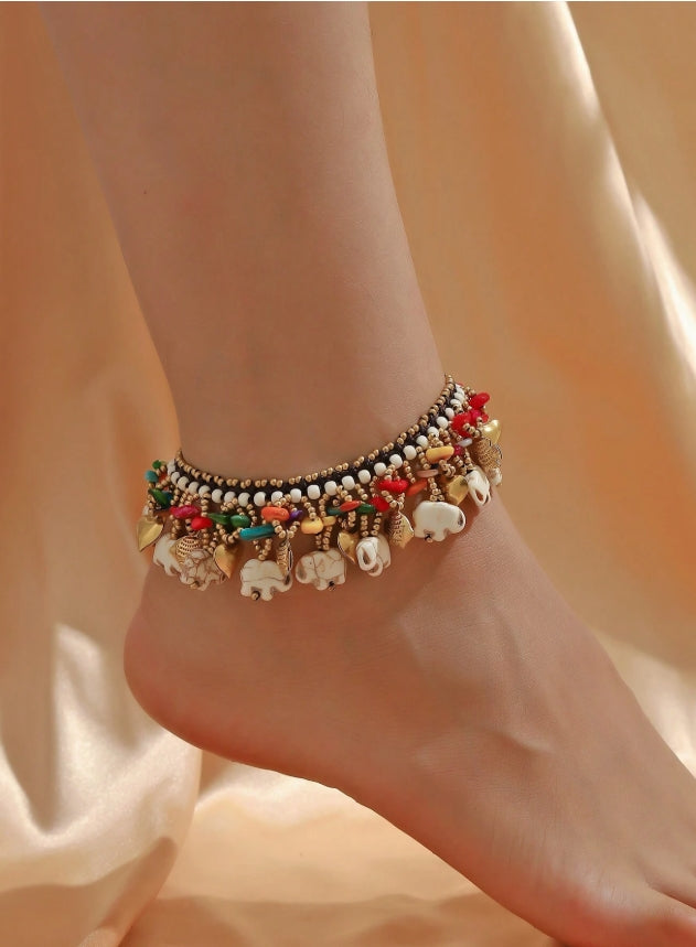 SHEIN 1pc Bohemian Style Turquoise Wax Rope Woven Anklet With Elephant & Starfish Charms