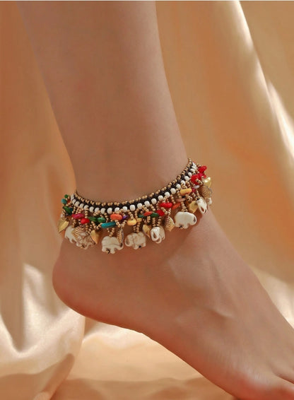 SHEIN 1pc Bohemian Style Turquoise Wax Rope Woven Anklet With Elephant & Starfish Charms