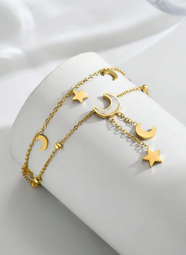 SHEIN 1pc Women's Stainless Steel Double-Layer Star Moon Pearl Tassel Anklet, Fashion Jewelry