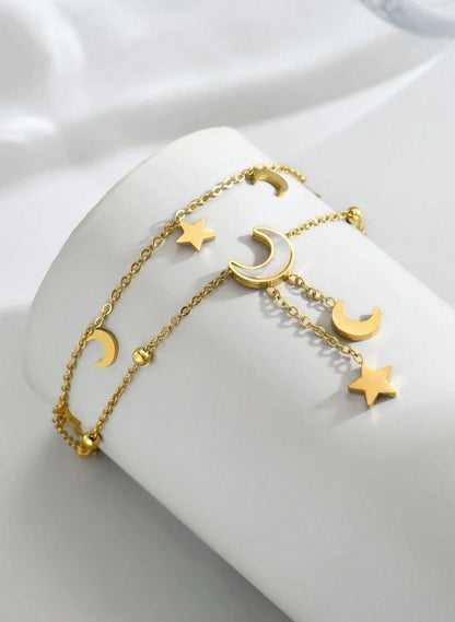 SHEIN 1pc Women's Stainless Steel Double-Layer Star Moon Pearl Tassel Anklet, Fashion Jewelry