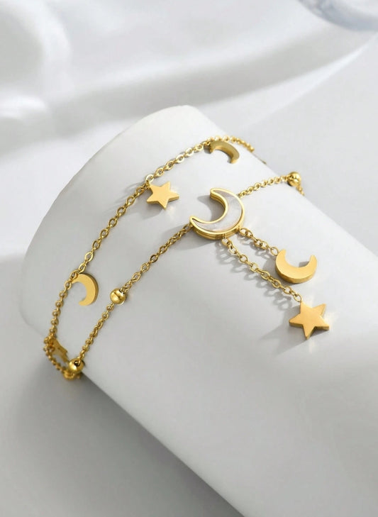 SHEIN 1pc Women's Stainless Steel Double-Layer Star Moon Pearl Tassel Anklet, Fashion Jewelry