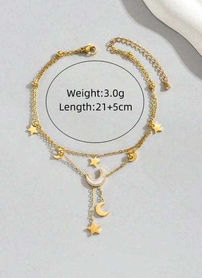 SHEIN 1pc Women's Stainless Steel Double-Layer Star Moon Pearl Tassel Anklet, Fashion Jewelry