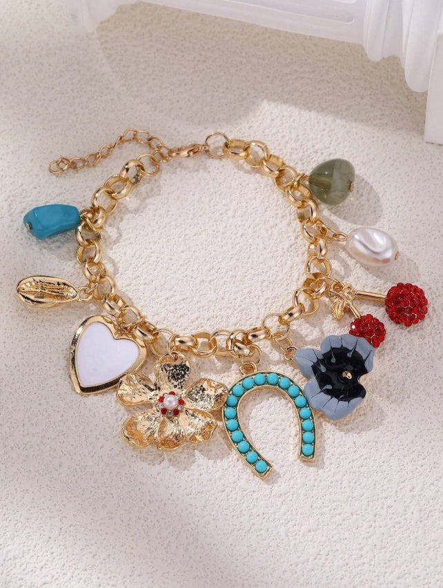 SHEIN 1pc Exaggerate Luxury Gold Heart Locket Charm Flower, Heart, Cherry Water Drop Rhinestone