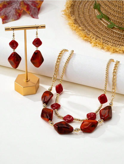 SHEIN 3pcs/Set Bohemian Style Vintage Elegant Asymmetrical Geometric Layered Necklace & Earrings
