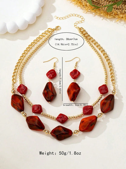 SHEIN 3pcs/Set Bohemian Style Vintage Elegant Asymmetrical Geometric Layered Necklace & Earrings