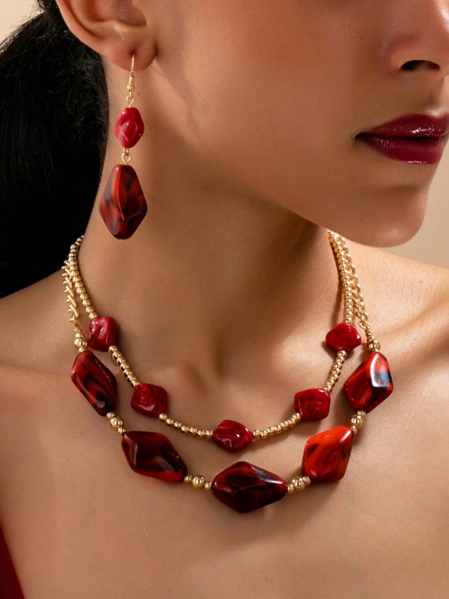 SHEIN 3pcs/Set Bohemian Style Vintage Elegant Asymmetrical Geometric Layered Necklace & Earrings