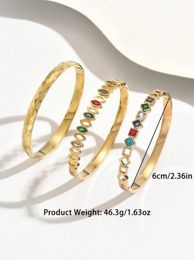 SHEIN 3pcs Stainless Steel Gold-Plated Bracelet Set, 18K Vacuum Electroplated, Non-Fading, Inlaid Zirconia