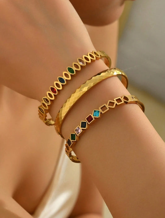 SHEIN 3pcs Stainless Steel Gold-Plated Bracelet Set, 18K Vacuum Electroplated, Non-Fading, Inlaid Zirconia