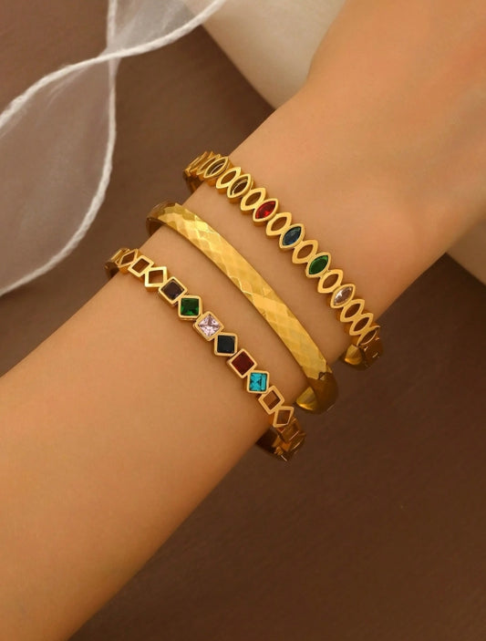 SHEIN 3pcs Stainless Steel Gold-Plated Bracelet Set, 18K Vacuum Electroplated, Non-Fading, Inlaid Zirconia
