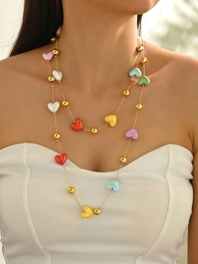 SHEIN 1pc Bohemian Style Multilayer Resin Heart Necklace For Women (Heart Color Randomly Sent)
