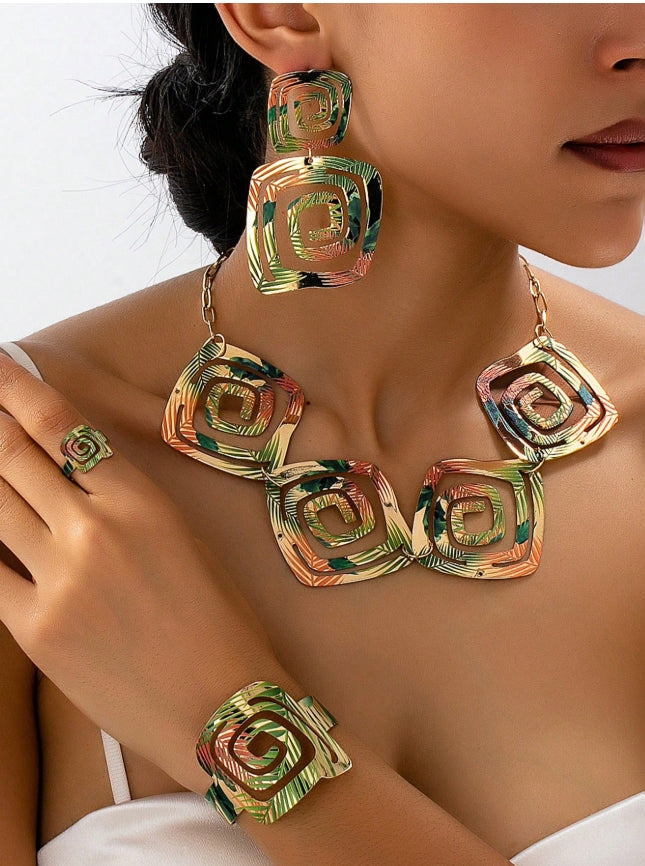 SHEIN 5pcs/Set Exaggerated Vintage Elegant Printed Green Leaf, Hollow Geometric,