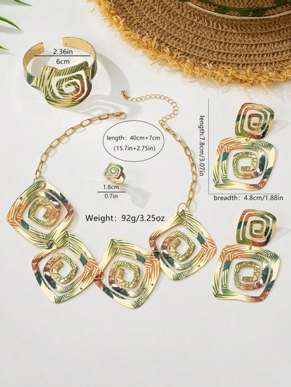 SHEIN 5pcs/Set Exaggerated Vintage Elegant Printed Green Leaf, Hollow Geometric,