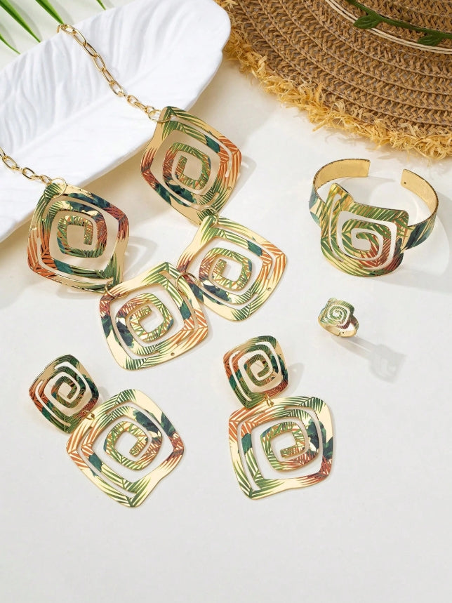 SHEIN 5pcs/Set Exaggerated Vintage Elegant Printed Green Leaf, Hollow Geometric,