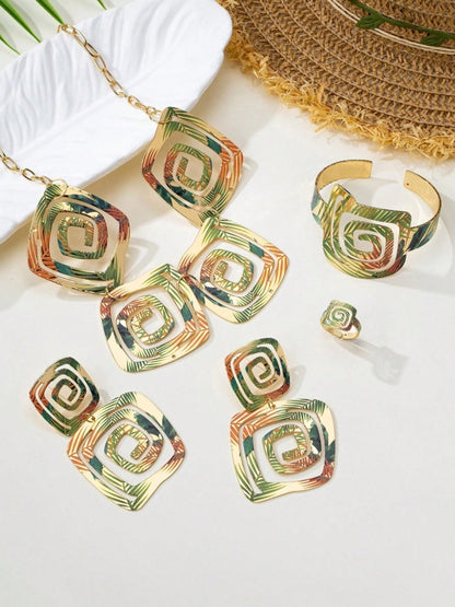 SHEIN 5pcs/Set Exaggerated Vintage Elegant Printed Green Leaf, Hollow Geometric,