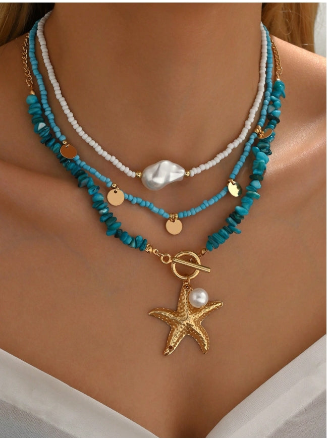 SHEIN 3pcs/Set Bohemian Beach Style Turquoise Starfish Pendant Necklace Multi-Layered