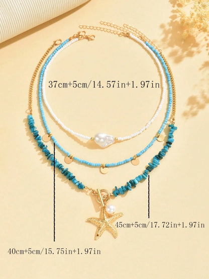 SHEIN 3pcs/Set Bohemian Beach Style Turquoise Starfish Pendant Necklace Multi-Layered