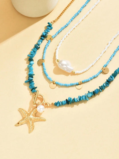 SHEIN 3pcs/Set Bohemian Beach Style Turquoise Starfish Pendant Necklace Multi-Layered