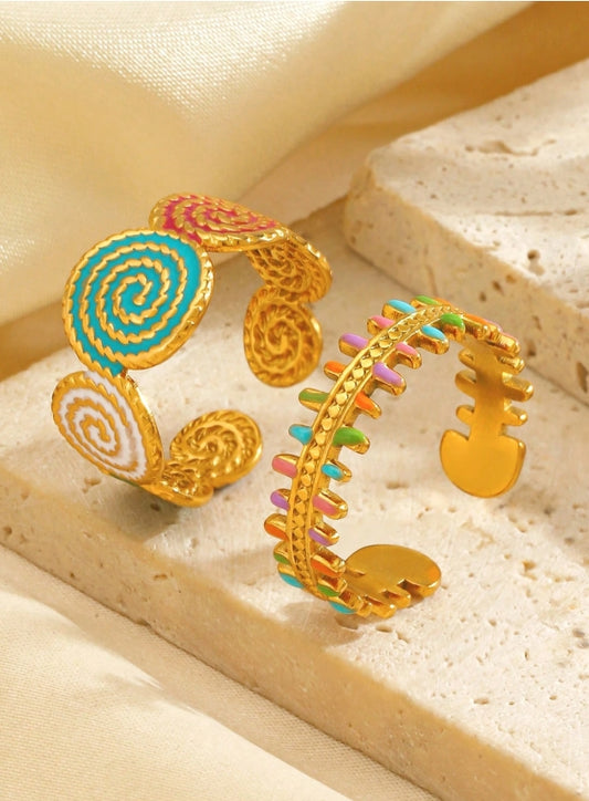 SHEIN 2pcs/Set Stainless Steel Colorful Oil Drop Textured Fish Bone Open Ring SeT
