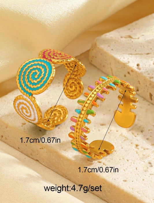 SHEIN 2pcs/Set Stainless Steel Colorful Oil Drop Textured Fish Bone Open Ring SeT