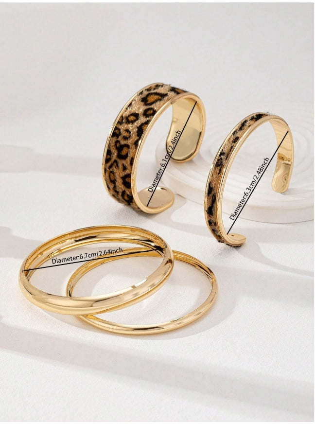 SHEIN 2pcs Leopard Print PU Leather Bracelet & 2pcs Minimalist Metal Bracele
