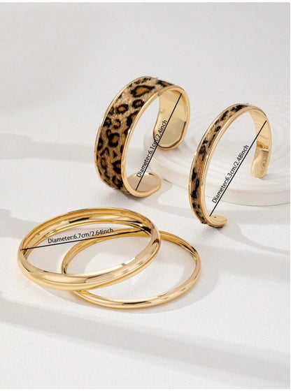 SHEIN 2pcs Leopard Print PU Leather Bracelet & 2pcs Minimalist Metal Bracele