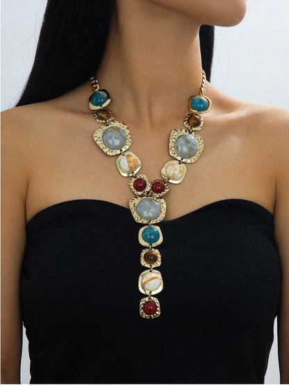 SHEIN 1pc Vintage Exaggerated Fashion Imitation Gemstone Y-Shaped Tassel Long Necklace