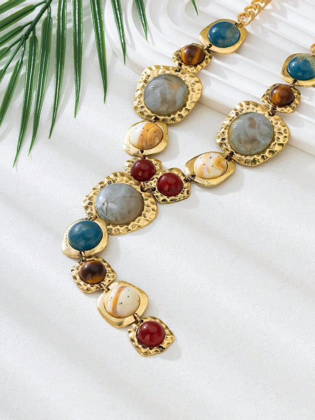 SHEIN 1pc Vintage Exaggerated Fashion Imitation Gemstone Y-Shaped Tassel Long Necklace