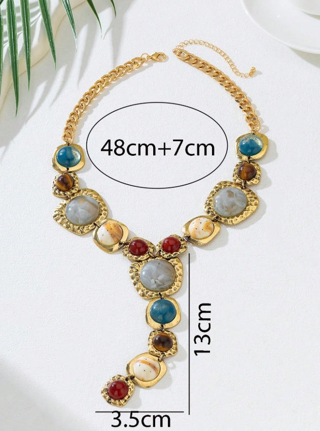 SHEIN 1pc Vintage Exaggerated Fashion Imitation Gemstone Y-Shaped Tassel Long Necklace