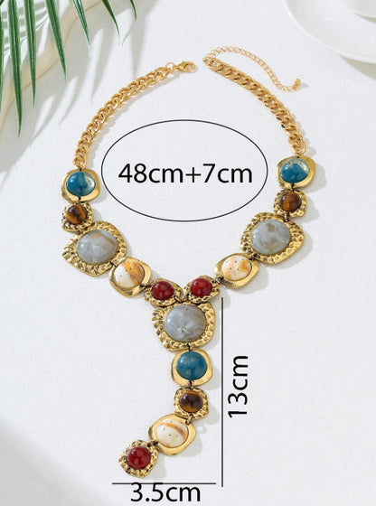 SHEIN 1pc Vintage Exaggerated Fashion Imitation Gemstone Y-Shaped Tassel Long Necklace