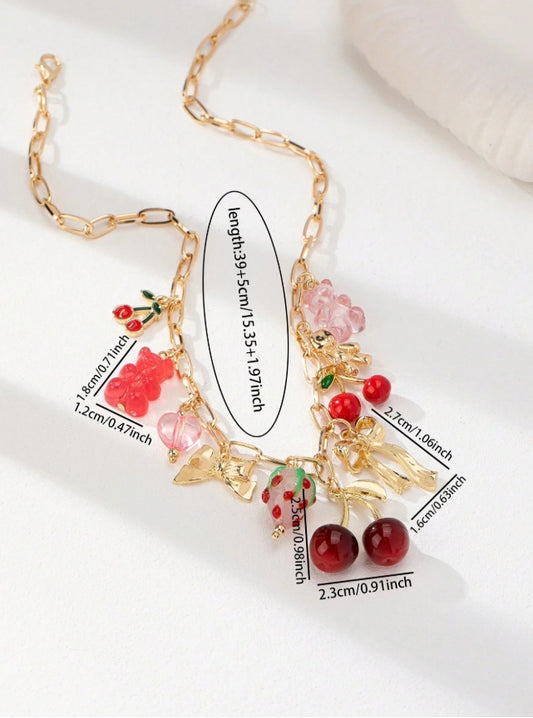 Shein 1pc Cherry Charm Necklace, Bow Strawberry Pendant Necklaces,