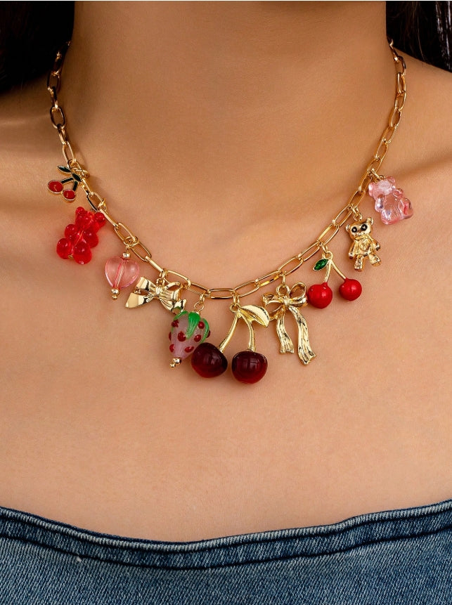 Shein 1pc Cherry Charm Necklace, Bow Strawberry Pendant Necklaces,