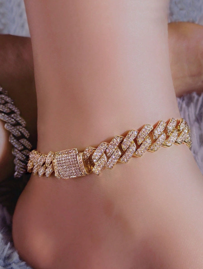 SHEIN Fashion Bling Paved Rhinestone Prong Cuban Chain Bracelet @ ANKLET For Women