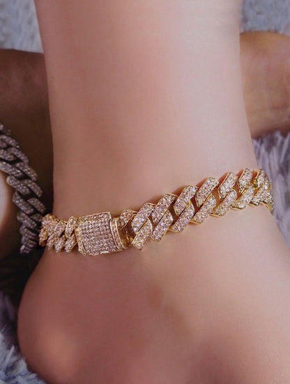 SHEIN Fashion Bling Paved Rhinestone Prong Cuban Chain Bracelet @ ANKLET For Women