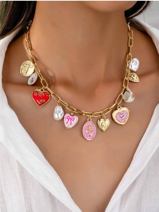 SHEIN 1pc Heart Ceramic Pendant Necklace, Popular Cute Multi Charm Necklace (Ceramic Accessories Handmade