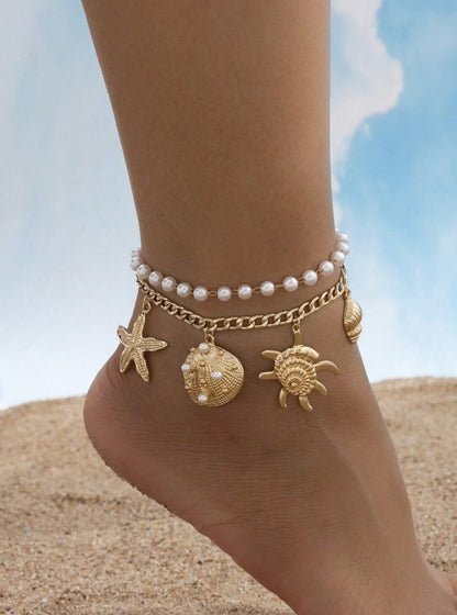 SHEIN 1pc Summer Beach Ocean-Themed Faux Pearl, Starfish & Shell Decor Multi-Layer Anklet For Women