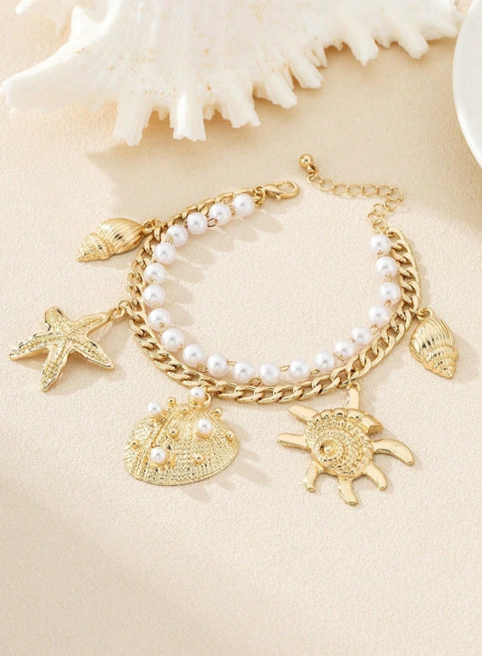 SHEIN 1pc Summer Beach Ocean-Themed Faux Pearl, Starfish & Shell Decor Multi-Layer Anklet For Women