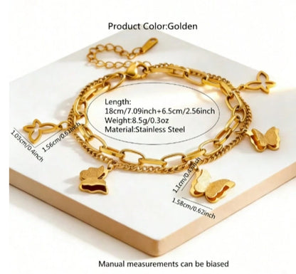SHEIN 1pc Romantic Stainless Steel Double-Layer Butterfly Charm Bracelet,
