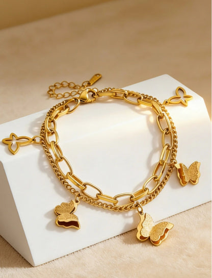 SHEIN 1pc Romantic Stainless Steel Double-Layer Butterfly Charm Bracelet,