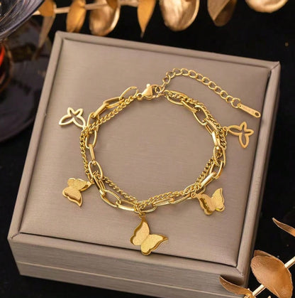 SHEIN 1pc Romantic Stainless Steel Double-Layer Butterfly Charm Bracelet,