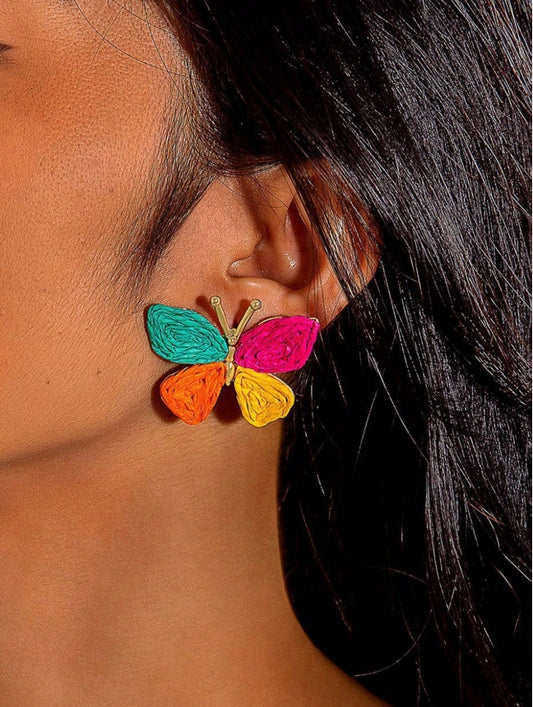SHEIN 1 Pair Bohemian Holiday Style Colorful Rattan Weaving Metal Butterfly Earrings, Versatile