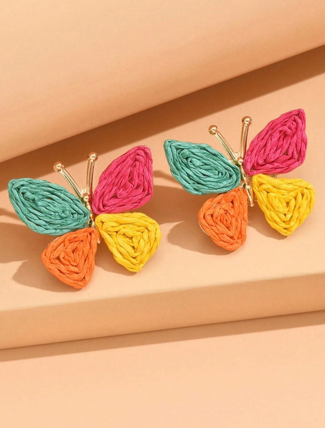 SHEIN 1 Pair Bohemian Holiday Style Colorful Rattan Weaving Metal Butterfly Earrings, Versatile