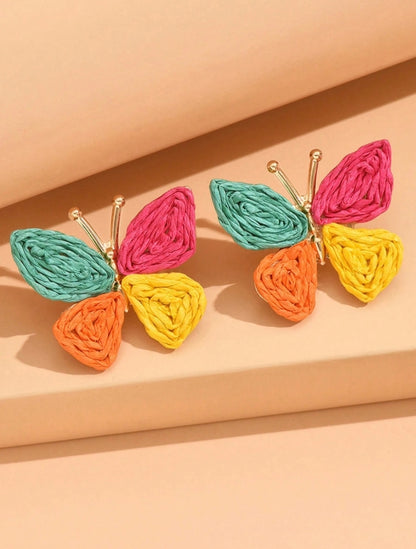 SHEIN 1 Pair Bohemian Holiday Style Colorful Rattan Weaving Metal Butterfly Earrings, Versatile