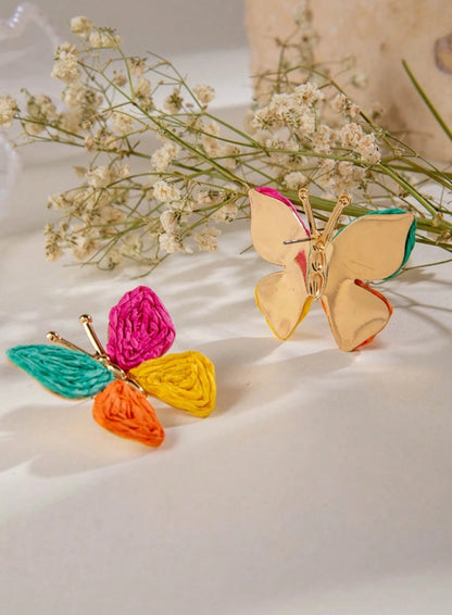 SHEIN 1 Pair Bohemian Holiday Style Colorful Rattan Weaving Metal Butterfly Earrings, Versatile