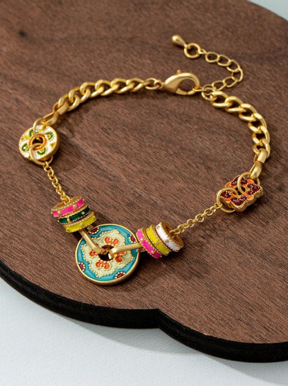 SHEIN 1pc Traditional Blue Flower Enamel Beaded Bracelet, Chinese Style Golden Bangle, Chic Fashion Jewelry For Women Daily Wear