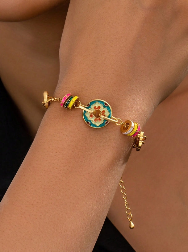SHEIN 1pc Traditional Blue Flower Enamel Beaded Bracelet, Chinese Style Golden Bangle, Chic Fashion Jewelry For Women Daily Wear