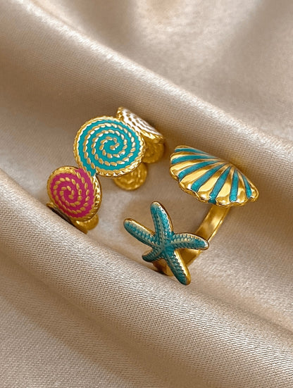 SHEIN ing Set 18K Gold Plated Stainless Steel Ocean Chic Adjustable Opening Rings Starfish & Shell Statement Rings