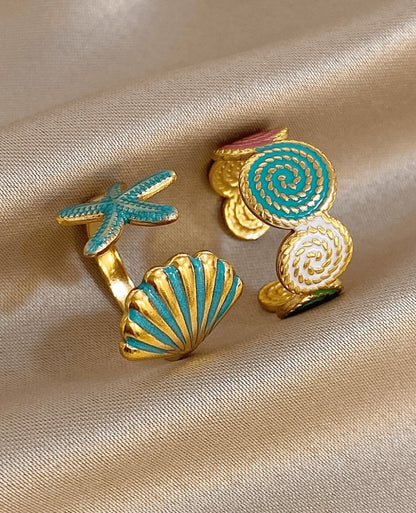 SHEIN ing Set 18K Gold Plated Stainless Steel Ocean Chic Adjustable Opening Rings Starfish & Shell Statement Rings
